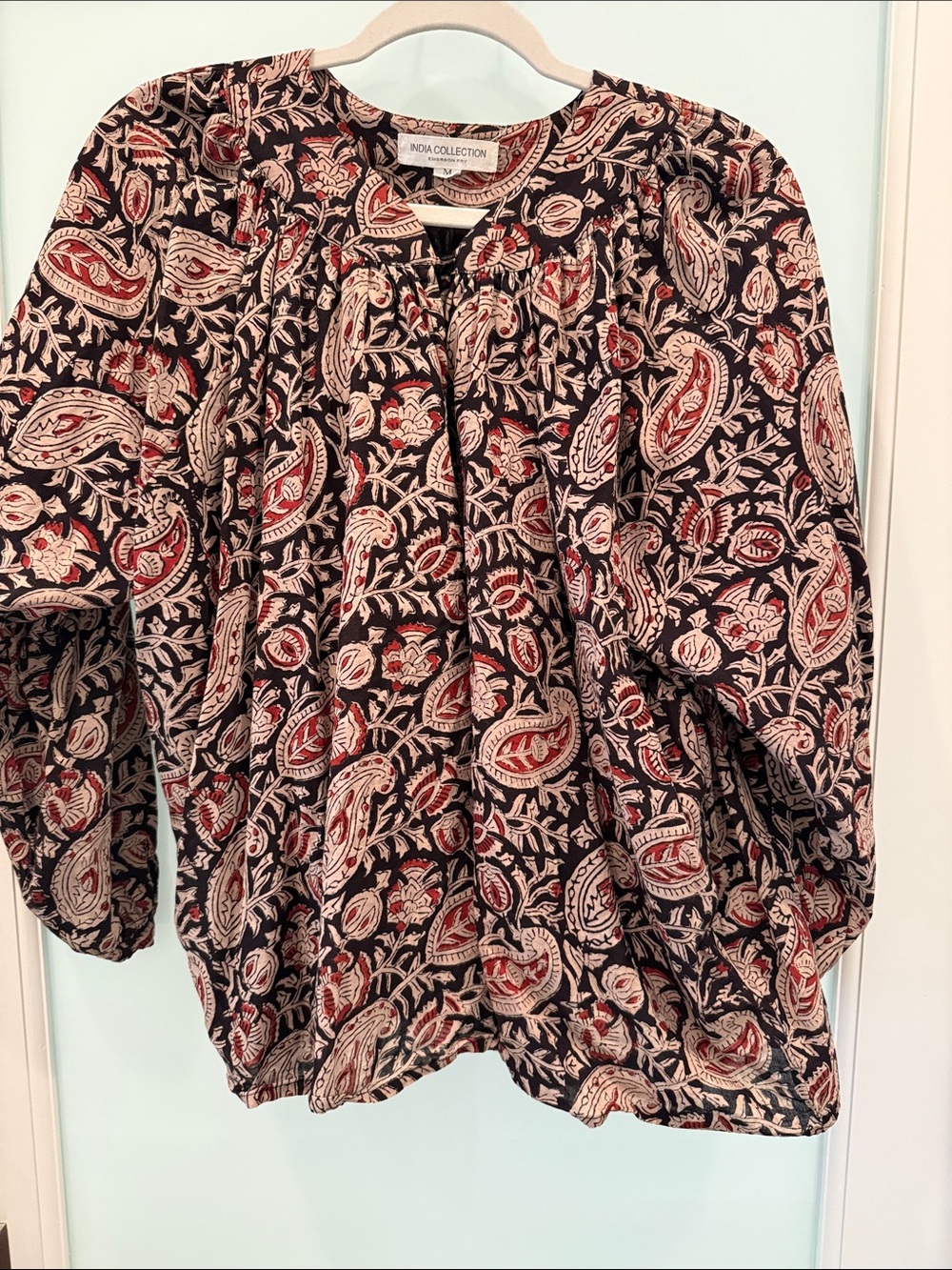 Emerson Fry Black Paisley-Print Peasant Blouse with Cream & Red Accents